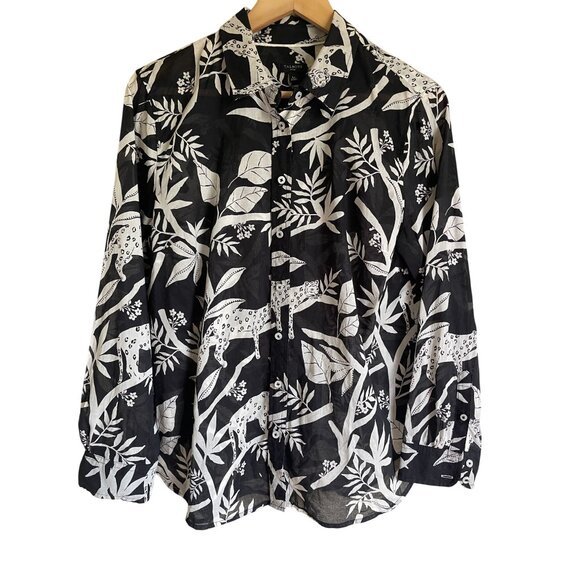 Talbots Black White Large Petite Collared Shirt Button Front Tropical Jungle Big - Picture 1 of 7